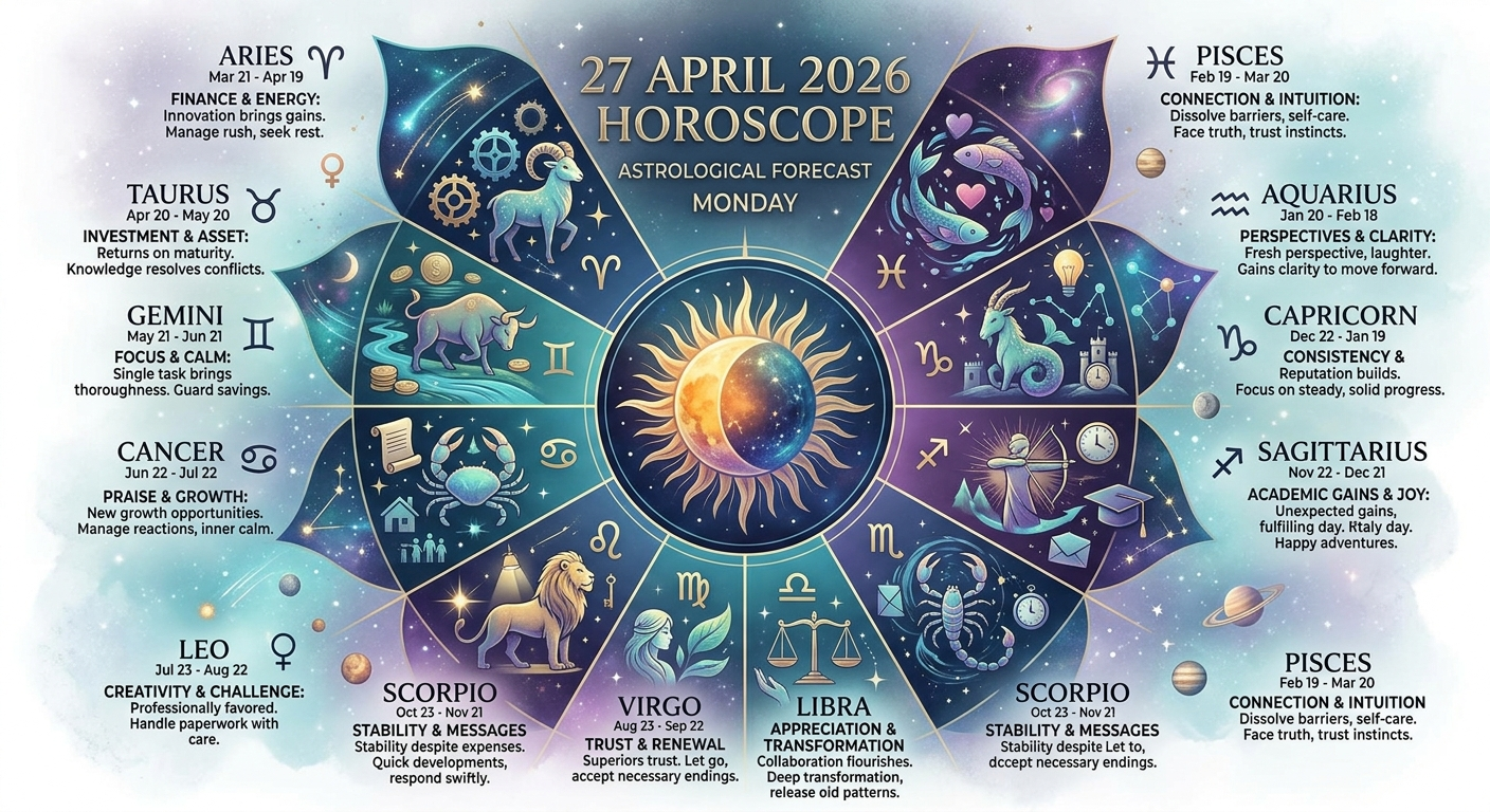27 अप्रैल 2026 का राशिफल: जानें सभी 12 राशियों का आज का भाग्य, करियर, प्रेम और स्वास्थ्य का हाल